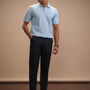 HIGHLANDER Men Self Design Polo Neck Cotton Blend Blue T-Shirt